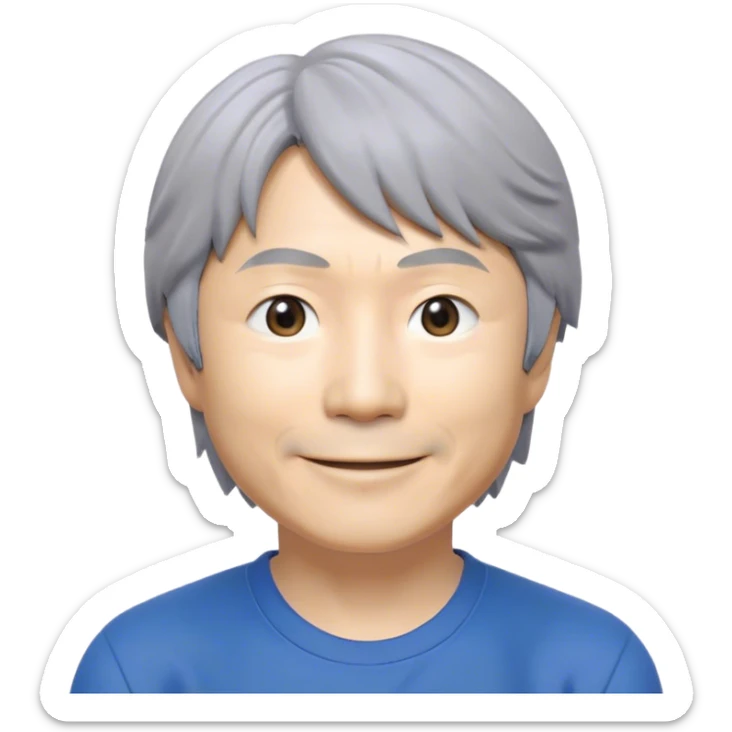 ​Cinematic Realistic Portrait of a Smiling Shigeru Miyamoto, depicted with warm, approachable features, gentle grey-tinted hair, and kind, expressive eyes, set against a subtle backdrop hinting at iconic video game imagery, rendered with lifelike textures and soft, inviting lighting that captures his innovative spirit, sticker