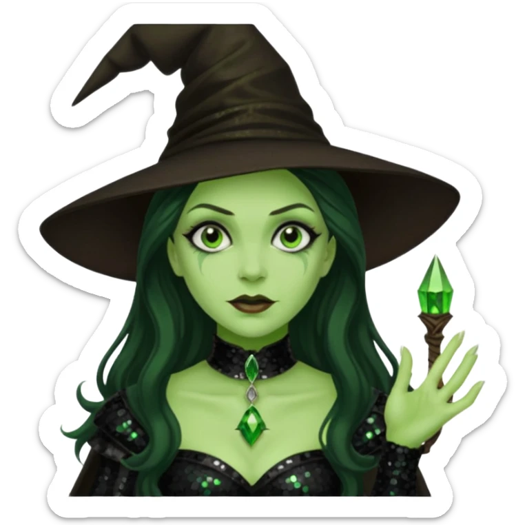 The Wicked Witch from The Land of Oz with green skin, long dark brown hair, black sequin outfit sticker