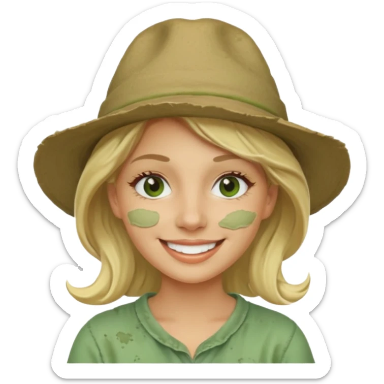 messy green clay mask and tourist hat blond woman  smiling and clay mask on full face sticker