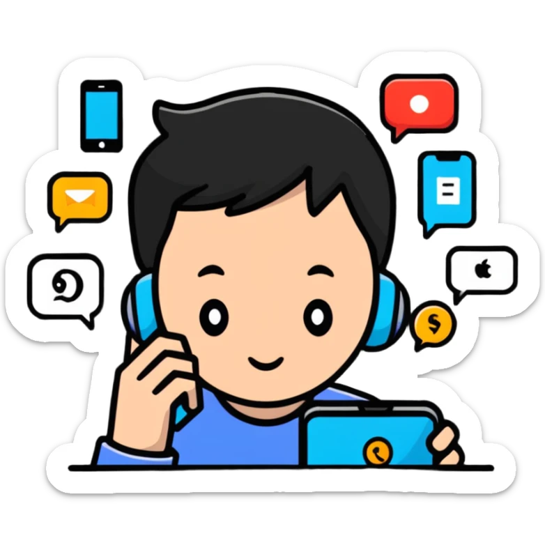 social media addiction with person staring at phone surrounded by notification symbols sticker