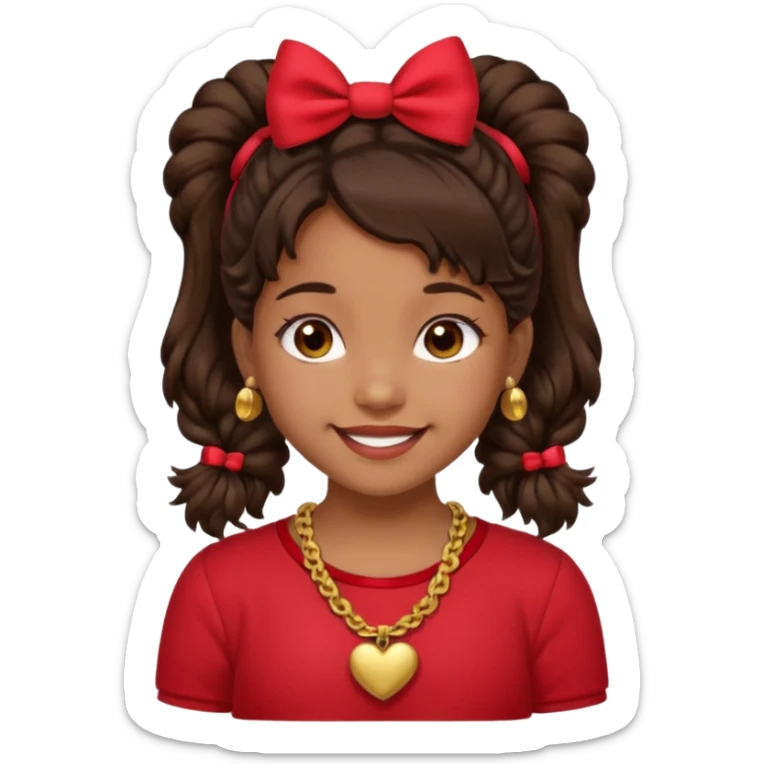 Brownskin girl dark brown hair fluffy. pigtails with red bows brown eyes smiling closed mouth red shirt gold esrrings gold necklace sticker
