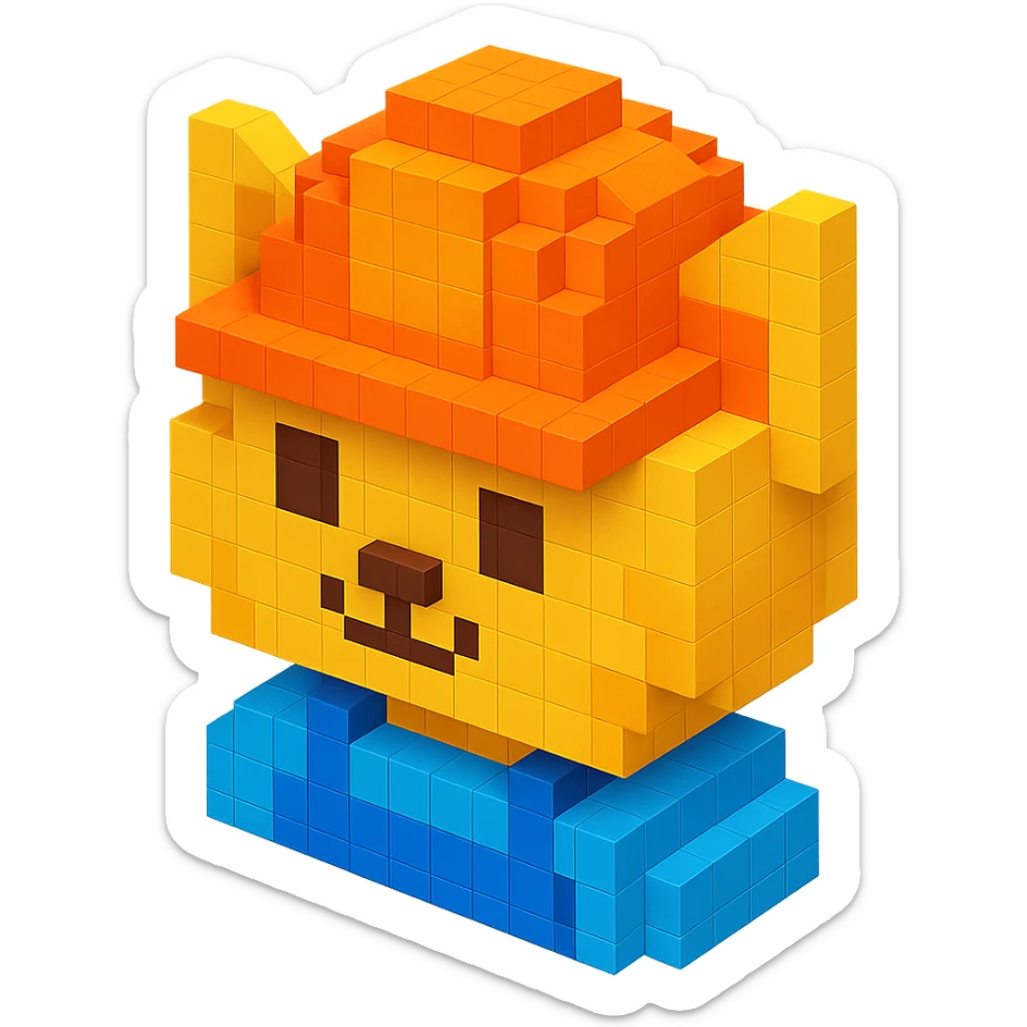 worker cat wearing an orange helmet in voxel style sticker