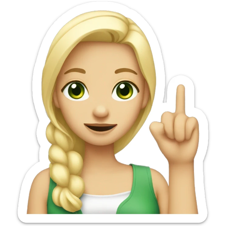 girl with blonde hair and green eyes, showing her finger sticker