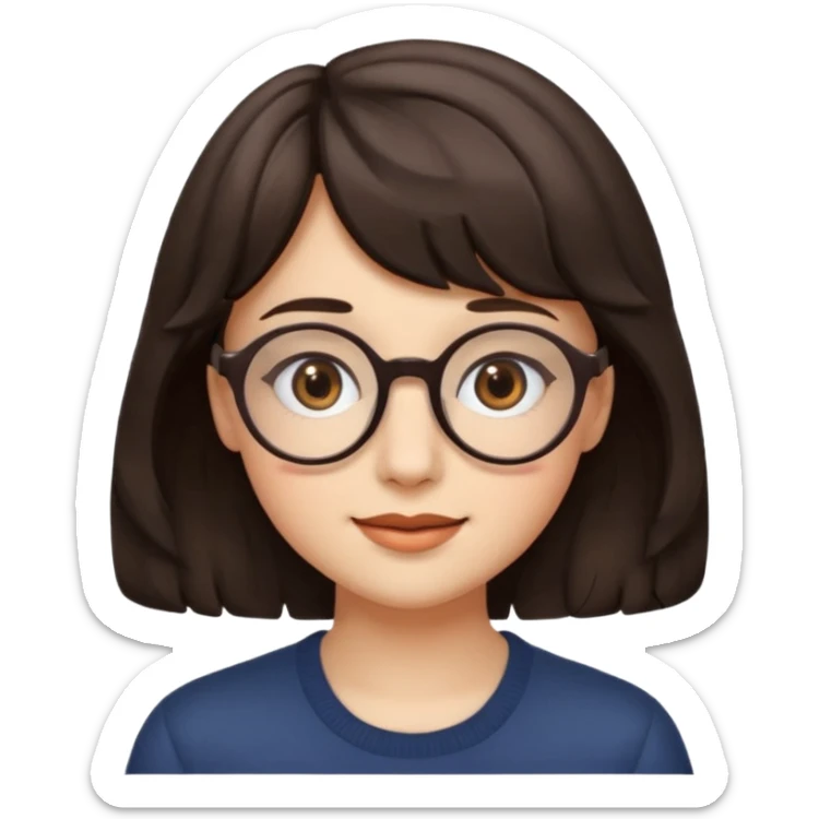 Koyu renk, dağınık dalgalı saçlı, kısa kahküllü, yuvarlak gözlüklü ve büyük kahverengi gözlü bir genç kadının yüzünü gösteren emoji tarzı illüstrasyon. Hafif bir gülümseme veya tatlı bir sırıtış ifadesi var. Cilt tonu açık. sticker