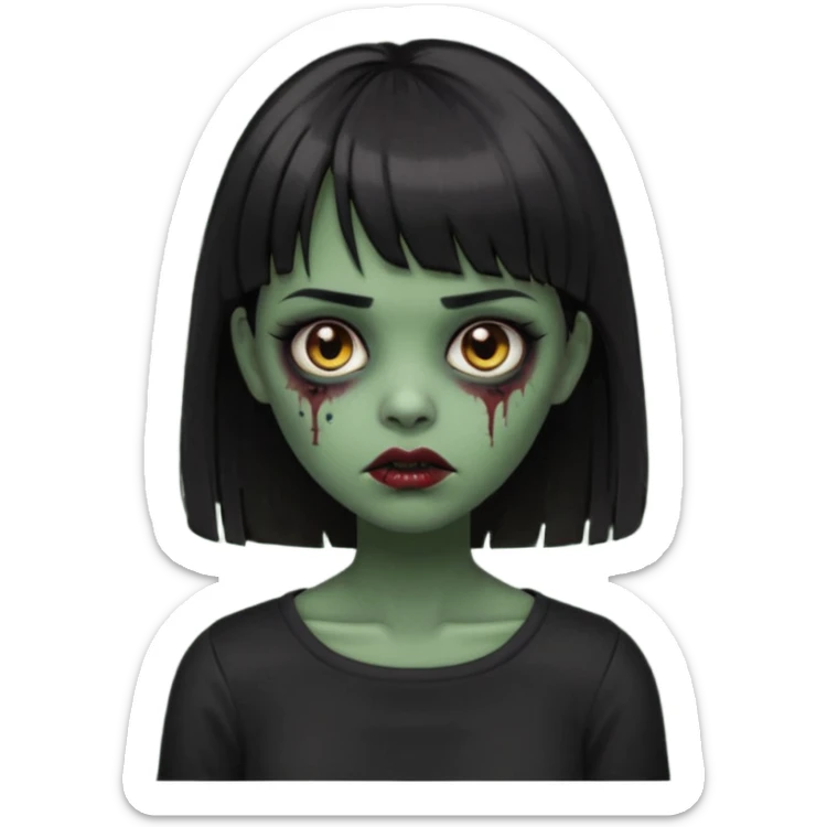 Zombie girl emoji verde escuro com cabelo curto liso preto no ombro e franja na altura da sobrancelha cobrindo completamente a testa, com uma blusa preta, olhos castanhos escuros sticker