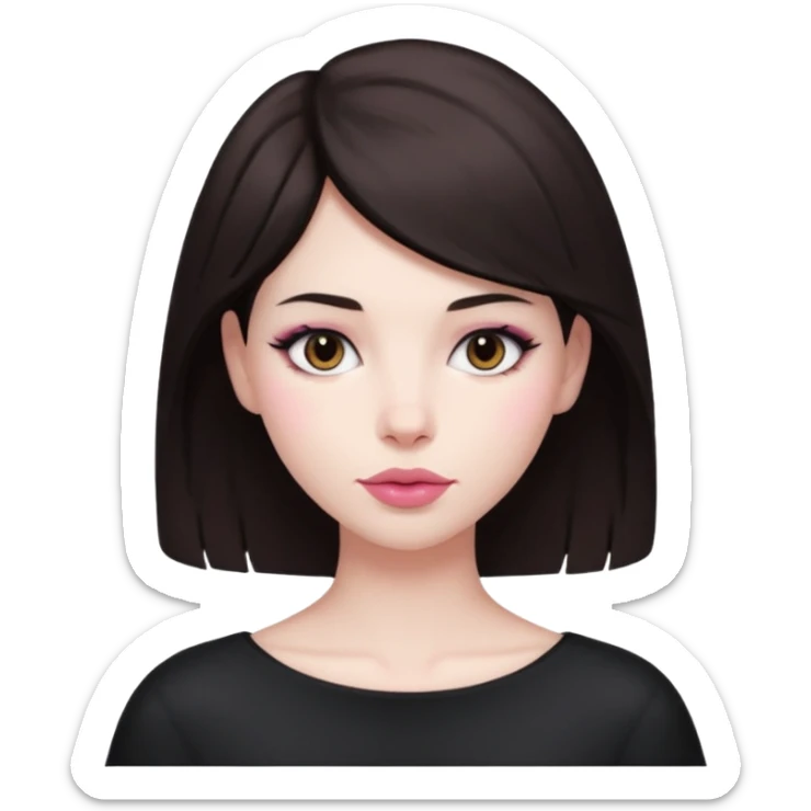 my hair is dark brown almost black, reaching my shoulder. the haircut is wolfcut, pretty lasher hut not thick. slightly pink lips. sticker