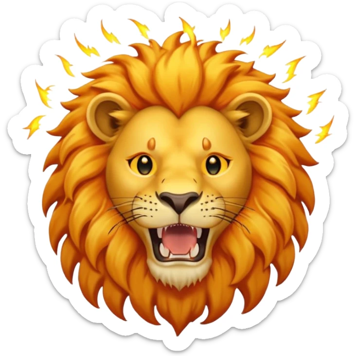 un lion avec la bouche ouverte. Au-dessus du lion, il y a un soleil. En plus, il y a des éclairs d’électricité qui se mêlent à la crinière du lion, comme s’il était chargé d’énergie. Le lion est vue de face sticker