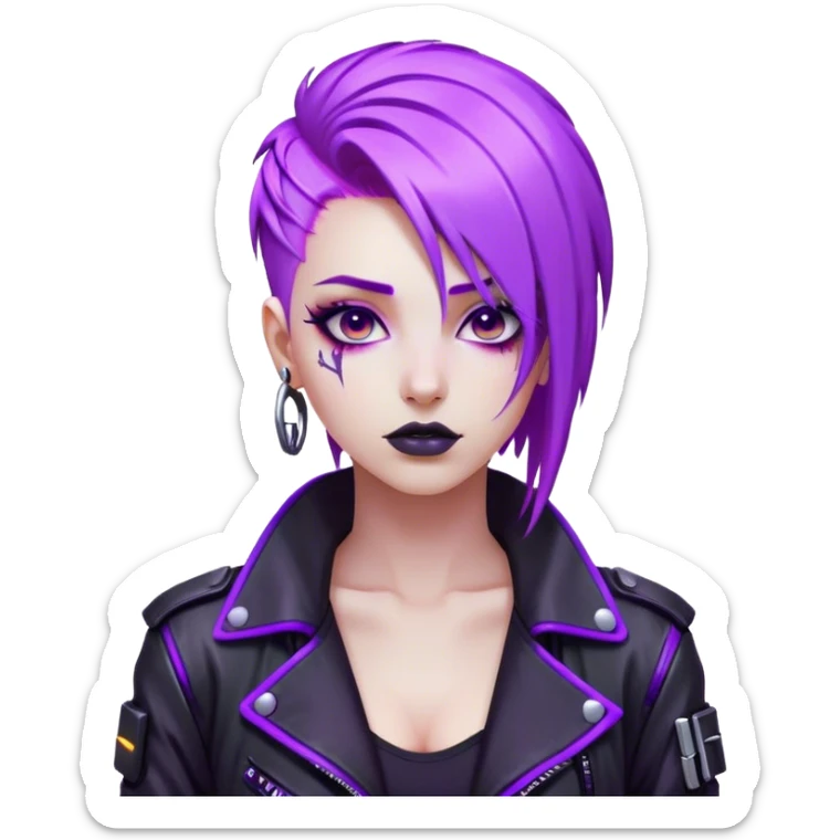 A cyberpunk hacker with neon purple hair, black leather jacket, and glowing screens. sticker