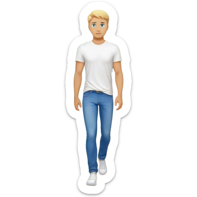 A cinematic realistic blond man with blue eyes, dressed in jeans and a T-shirt, walks against a background of trees sticker