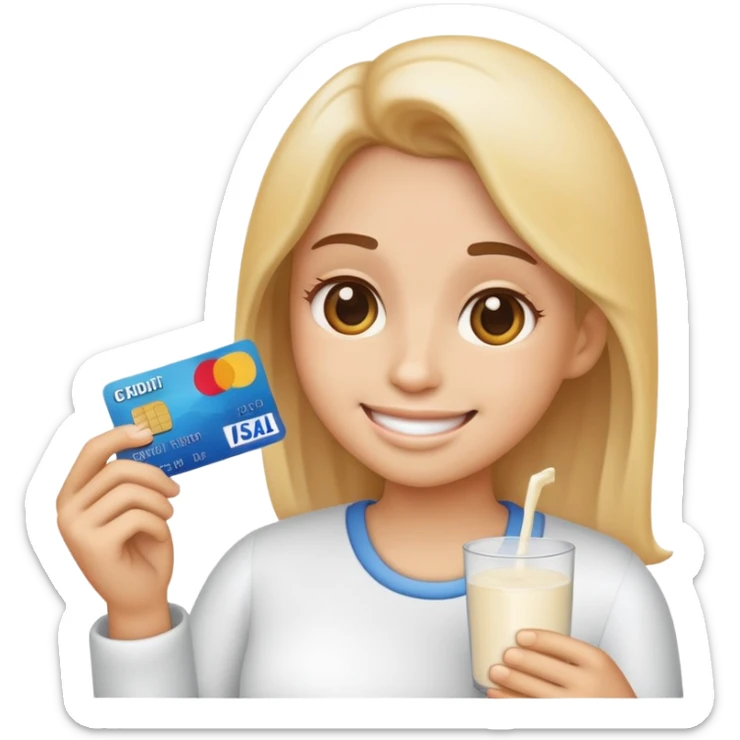 Glad emoji, med kreditt kort i hånden og mel pulver ved seg sticker