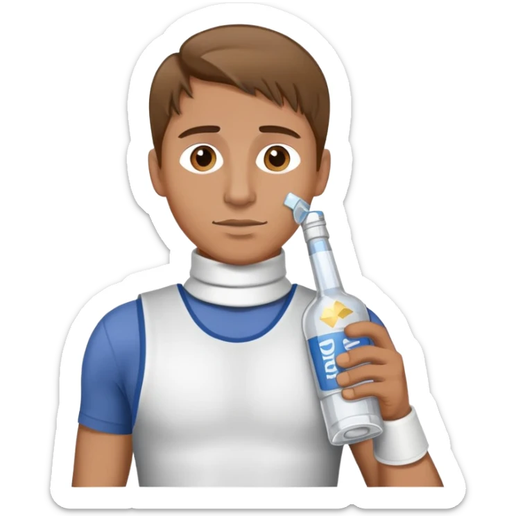 Light brown hair man with a bottle of vodka and broken neck brace sticker