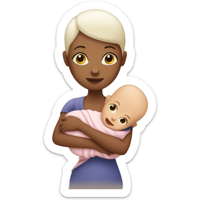 A women with no hair holding a baby the size of a house sticker