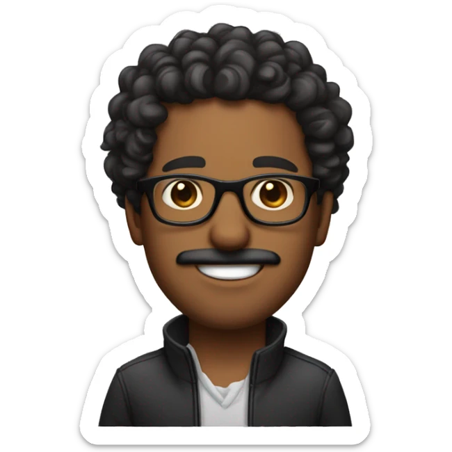 A brown skin man with curly black hair and long mustache with glassess sticker