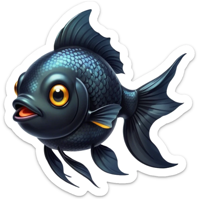 Cinematic Cute Black Goldfish Portrait Emoji, Head tilted playfully and inquisitively, featuring a glossy, deep black body with shimmering scales and round, sparkling golden eyes filled with curiosity, Simplified yet irresistibly adorable features, highly detailed, glowing with a warm, friendly glow, high shine, affectionate and lively, stylized with a touch of whimsy, bright and endearing, soft glowing outline, capturing the essence of a mischievous yet loving goldfish, so playful it feels like it could swim out of the screen and into your heart! sticker
