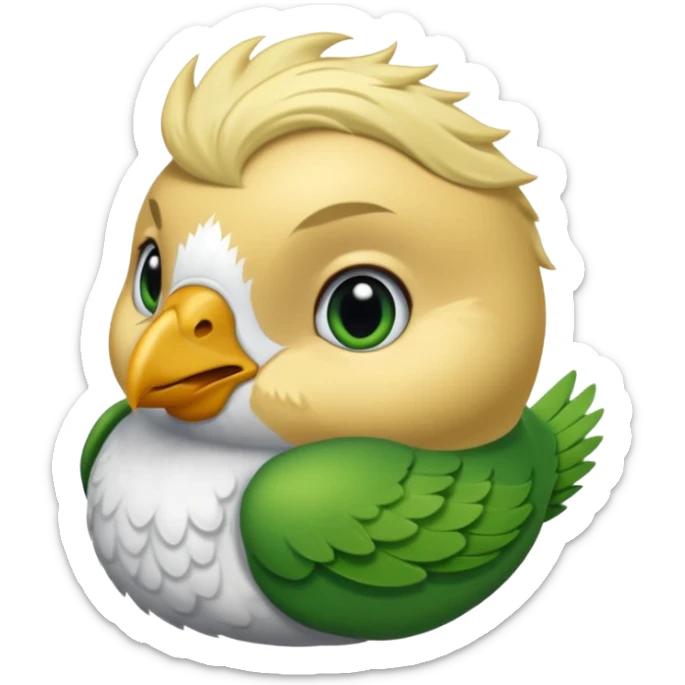 un oiseau classique de profil tout vert et un seul poil blond qui fait une petite bouclette sur le front avec le collier argenté avec des ronds attachés au collier est autour du coup de l’oiseau entre la tête et le corps sticker