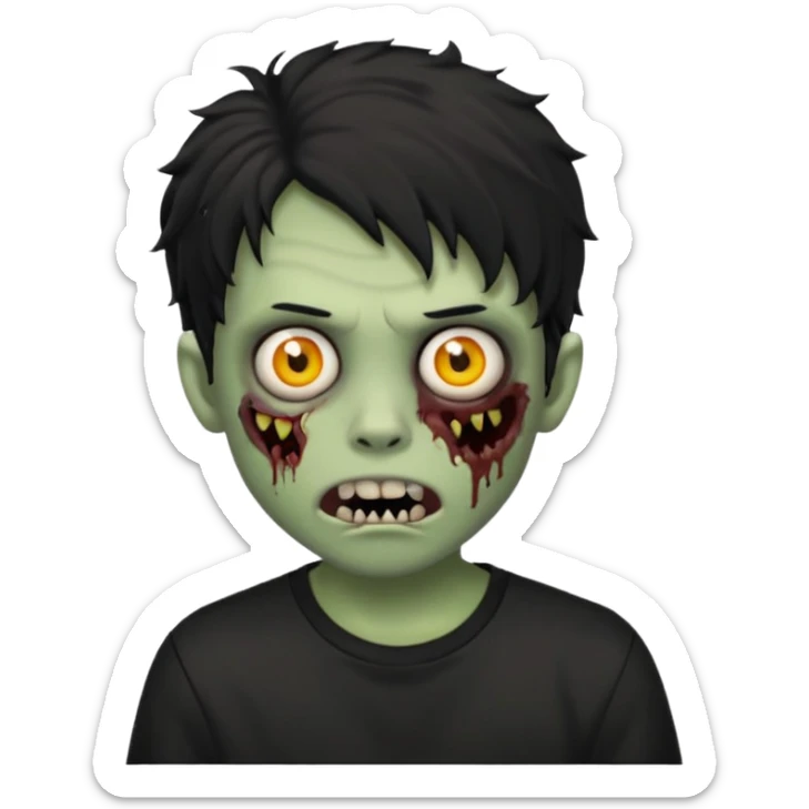 a boy with wavy hair, a zombie-shaped mouth piercing hum, and black hair with a black shirt too sticker