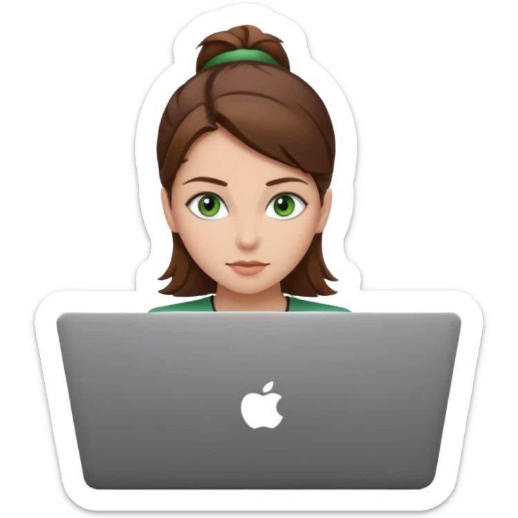 fată cu ochi verzi și păr șaten strâns în partea din spate a capului, lucrând pe un laptop sticker