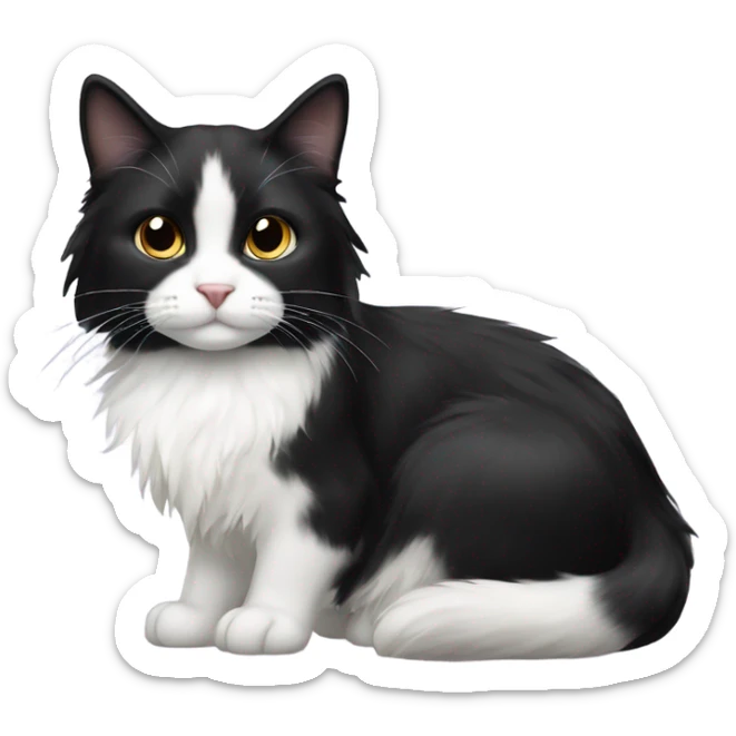 Long haired black and white tuxedo cat with black nose and black chin sticker