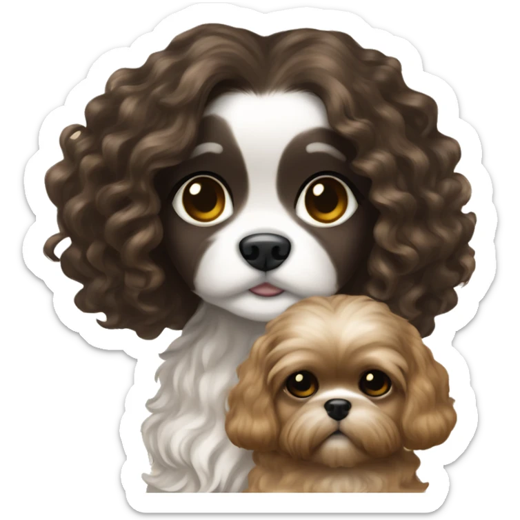 Young dark brunette curly kin hair woman with a golden shih tzu in her arms long wavy hair sticker
