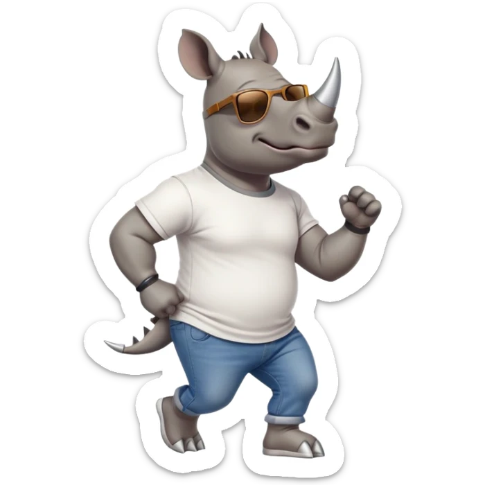 friendly anthropomorphised rhino in jeans and t-shirt, wearing dark sunglasses, jogging upright, relaxed pose sticker