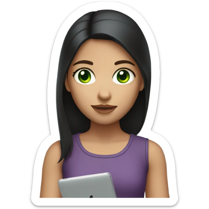A girl with an iPad with medium-length dark hair and green eyes sticker