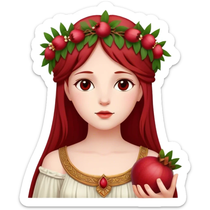 In Greek mythology, Persephone is often depicted as a young goddess with fair skin and dark red, straight hair. She is typically shown wearing a wreath of flowers and holding a pomegranate, symbolizing her connection to the Underworld sticker