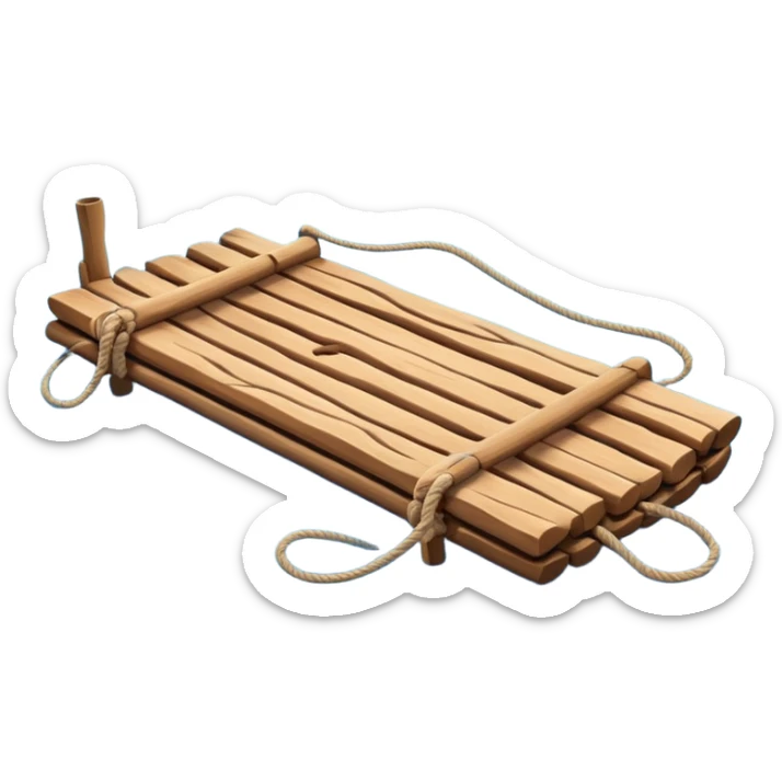 showing a simple wooden raft floating on calm blue water — made of several brown logs tied together with rope — gentle ripples around it — bright, cheerful lighting and soft shadows — minimalist, clean emoji design sticker