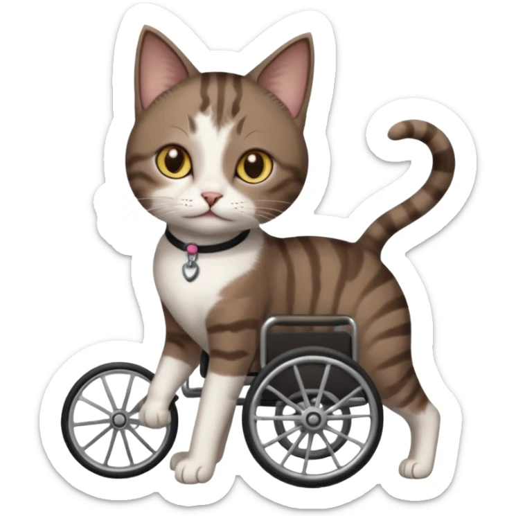 full body small short hair dark brown and white cat with hazel eyes walking in a wheelchair for cats sticker