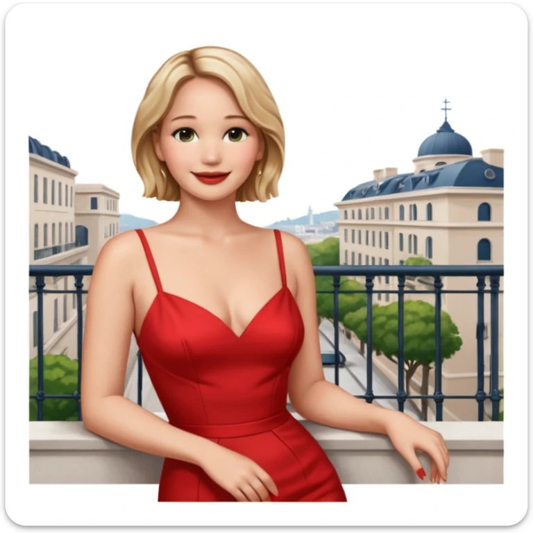 jennifer lawrence, red dress leaning on a balcony with a harbor and cityscape in the background, smiling, closeup sticker