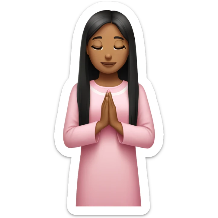 Caucasian girl with black straight hair praying with pink flora sticker