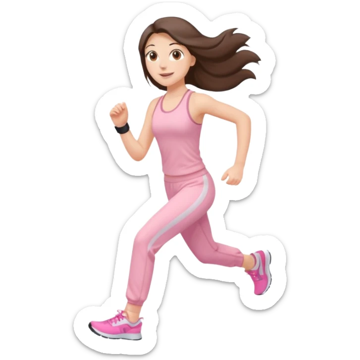 white happy brunette teen long hair with hazel eyes in light pink workout clothes jogging sticker