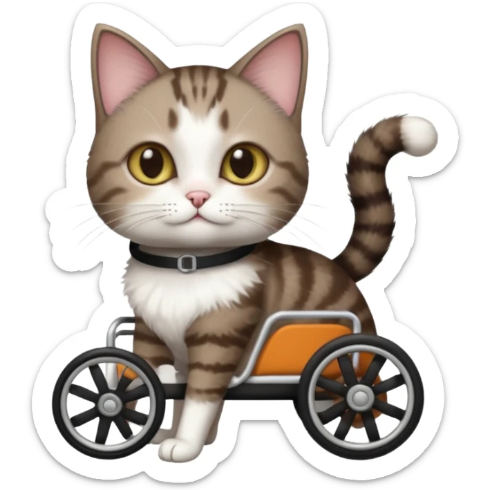 full body small short hair dark brown and white cat with hazel eyes walking in a wheelchair for cats sticker