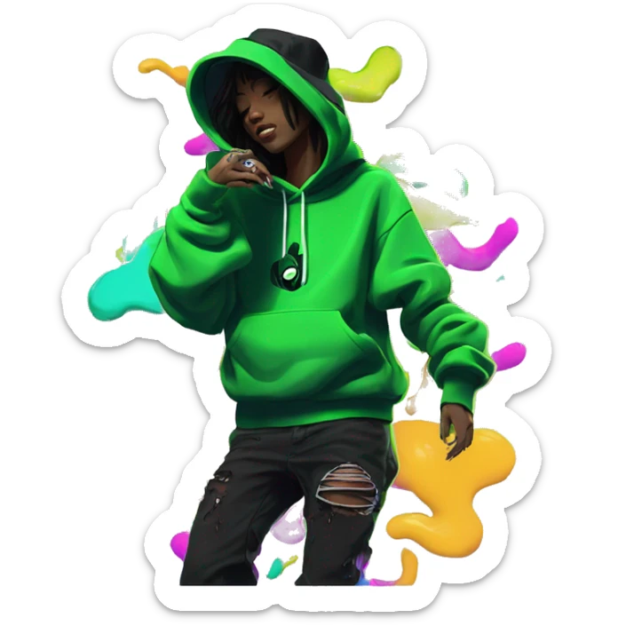 Multicoloured neon black green graffiti person smoking wearing hoodie dancing hip hop bucket hat tropical Skater fashion aesthetic baggy clothes graphic t shirt 420 sticker