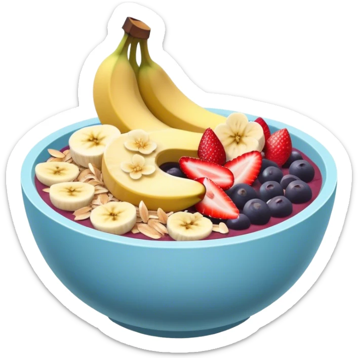 acai bowl topped with fresh cut banana strawberry toppings with shaved toasted coconut flakes in a light blue bowl sticker