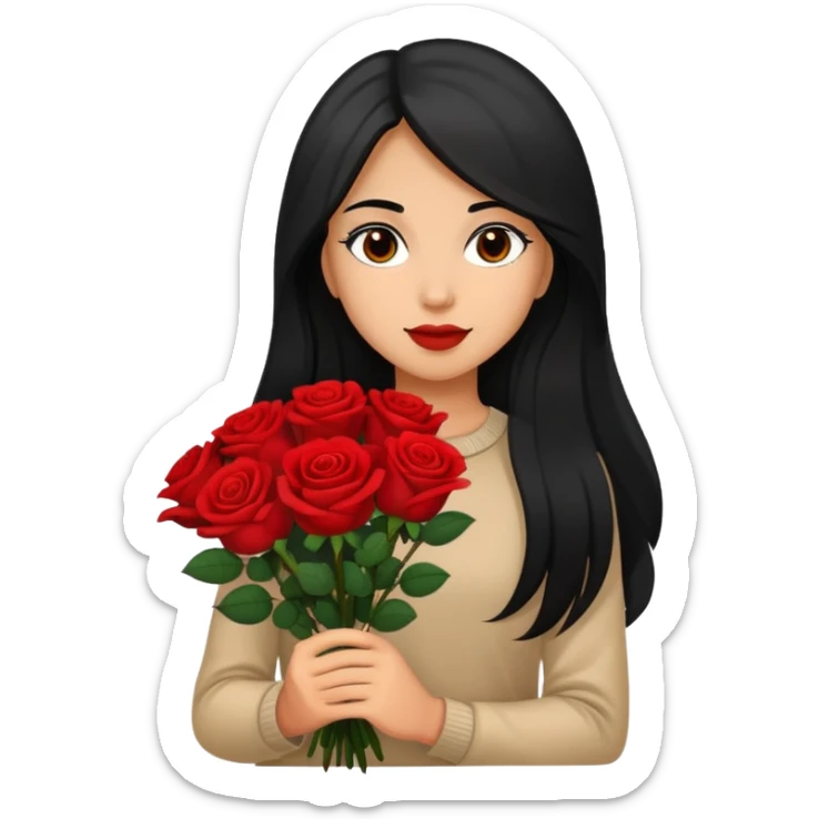 A girl with long black hair holding a bouquet of roses sticker