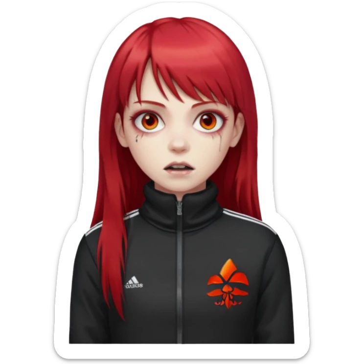 Crie um emoji de uma menina zumbi  com o cabelo vermelho longo com uma franja reta casaco de gola alta da adidas sticker