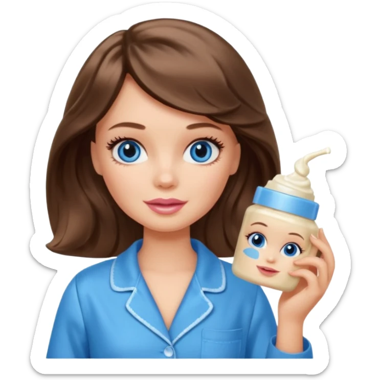 Barbie girl with makeup, blue eyes , and bob long haircut wavy, short brown hair in creamy color pajamas, face cream in hand sticker