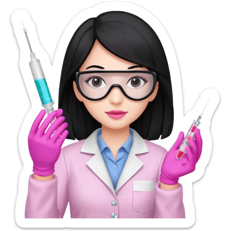laboratorista con guantes rosa y mascarilla rosa  jeringa tubo laboratorio sin lentes  y  ojos negros cabello largo negro ojos negros sticker