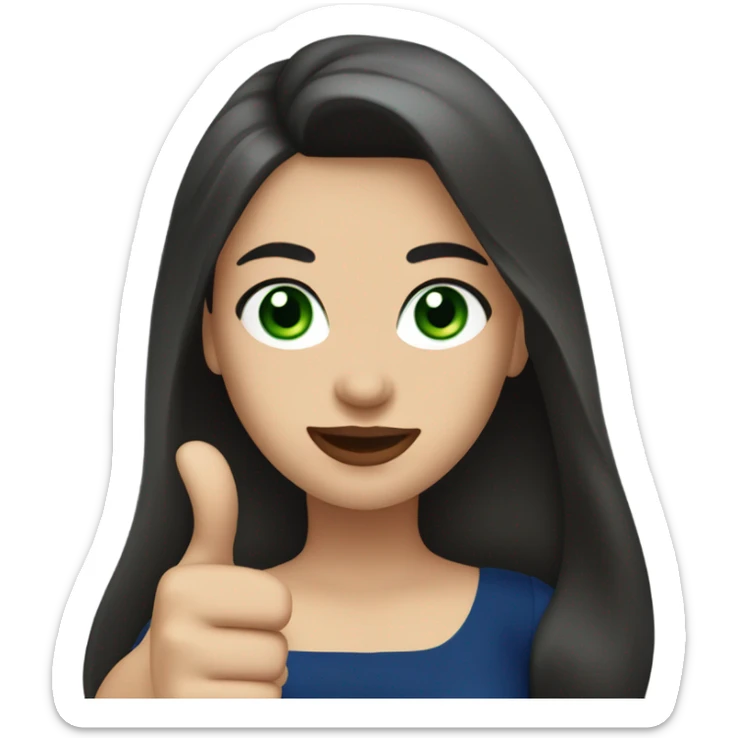 
a brunette with long hair and green eyes, with red lips and in a dark blue dress shows a thumbs up sticker