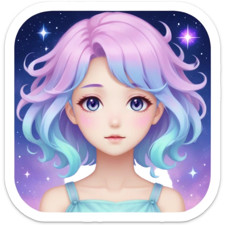 Beautiful gorgeous anime lady with beautiful nebula hair, fashion aesthetic, ethereal, fairycore, pastelcore  sticker