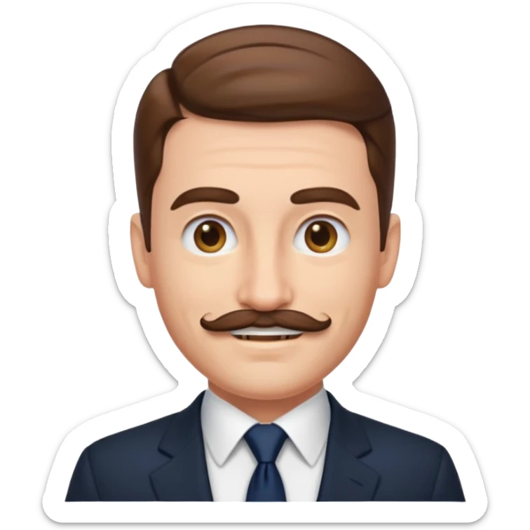 smiling Caucasian man emoji, slicked back brown hair, black suit, navy tie, mustache sticker