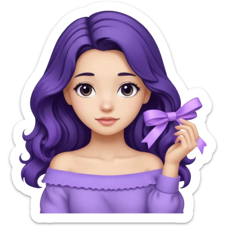 Girl with black wavy long hair and a lavender ribbon hair clip beside it make it look like wearing a lavender off shoulder sweater  sticker
