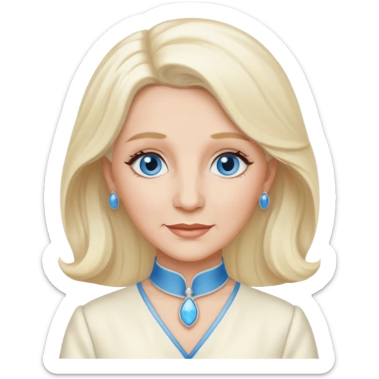 Patty Andrews from the Andrews Sisters with long platinum blonde hair, blue eyes, ivory outfit sticker