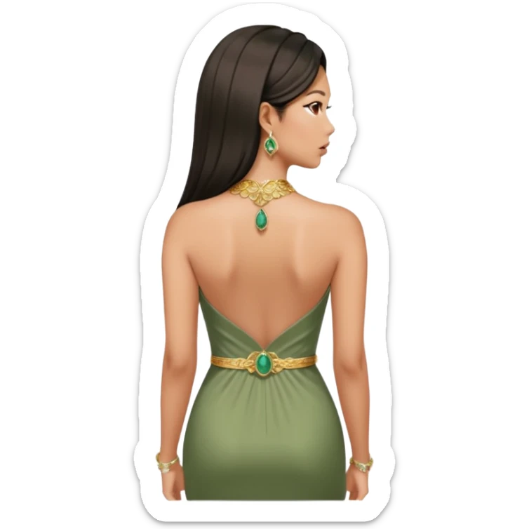 Aesthetic rich Asian woman in sage green Versace dress and Cartier jewelleries, back view sticker
