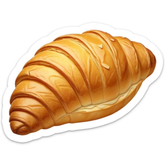 Cinematic golden croissant, perfectly flaky with crisp layers, slightly cracked to reveal buttery soft interior, warm golden glow, highly detailed and inviting. sticker