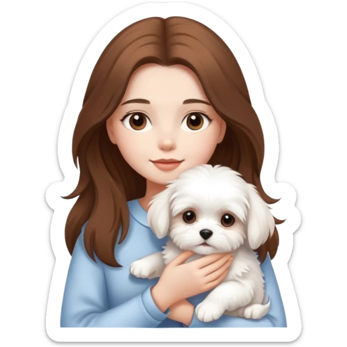 beautiful girl with long hair holding a fluffy white Maltese puppy sticker