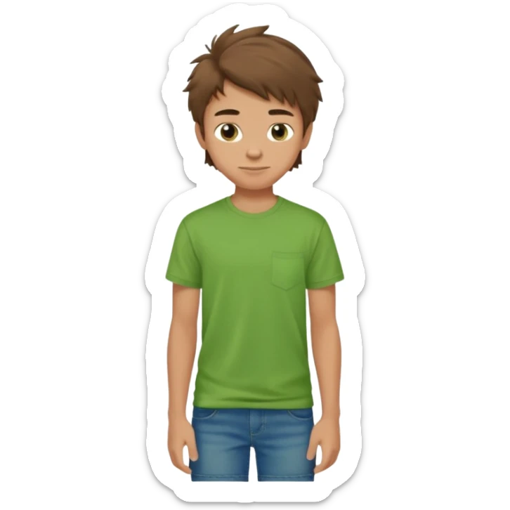 A 14 yerar old teenage boy, slightly tanned, wearing a green tshirt, blue jeans and green sneakers with brown tousled hair, smirking sticker