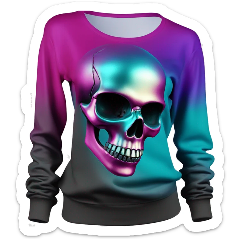 Realistic side view of a black to magenta ombre off the shoulder long sleeve sweat shirt with a metallic foil datk teal blue skull printed on the shirt. sticker