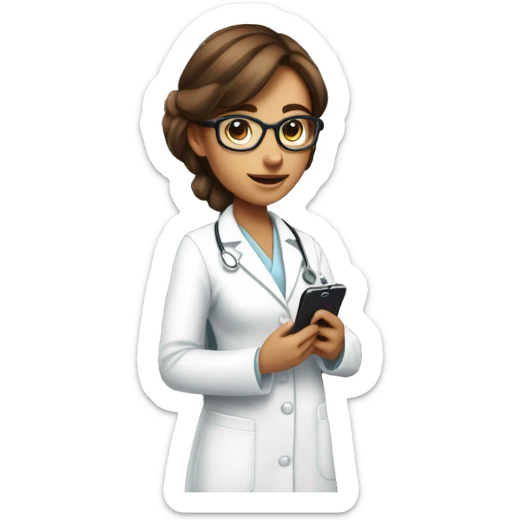 Administrator of the reproductive health office, a girl with brown hair, wearing glasses with notebooks and a phone in her hands. In a white medical gown sticker