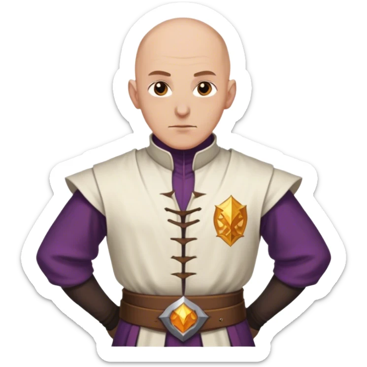 man body worn by a DnD themed fantasy character. clothes only above the waist. The body full waist. The character's haven't arms. character is bald hair brown eyes white man. sticker